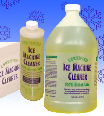 a bottle of ice machine cleaner next to a box of ice